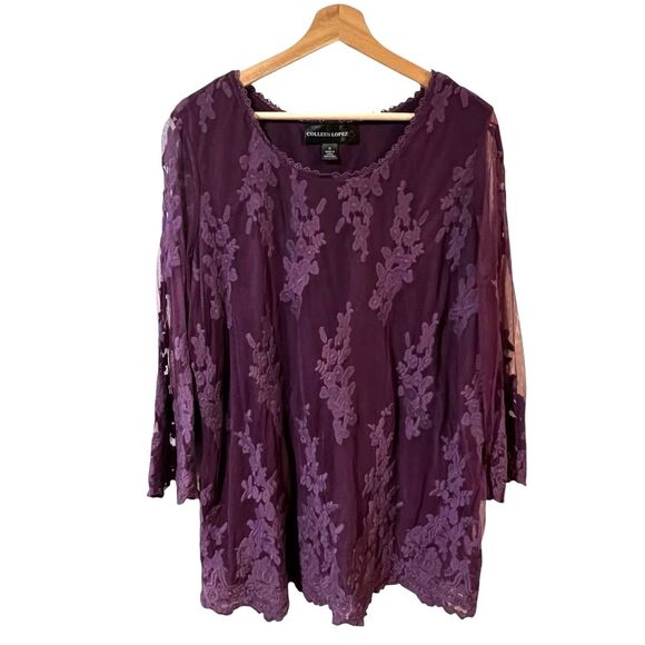 Colleen Lopez Purple Floral Lace Overlay Top Size 1X Loose Mature Whimisgoth - Picture 1 of 8